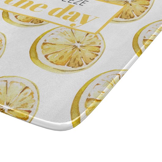 Modern geel lemonpatroon en knijp de dag in snijplank (Hoek)