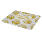 Modern geel lemonpatroon en knijp de dag in snijplank (Hoek)