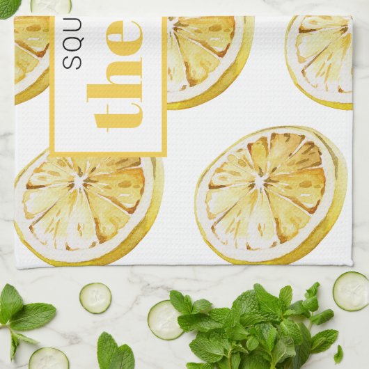 Modern geel lemonpatroon en knijp de dag in theedoek (Gevouwen)