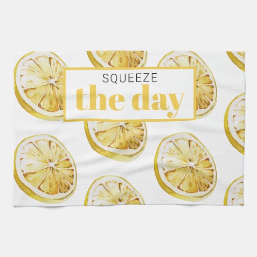 Modern geel lemonpatroon en knijp de dag in theedoek (Horizontaal)