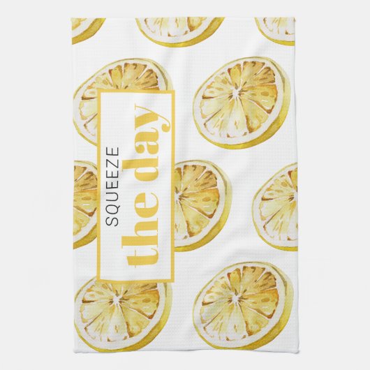 Modern geel lemonpatroon en knijp de dag in theedoek (Verticaal)