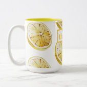 Modern geel lemonpatroon en knijp de dag in tweekleurige koffiemok (Links)
