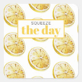 Modern geel lemonpatroon en knijp de dag in vierkante sticker (Voorkant)