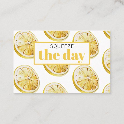 Modern geel lemonpatroon en knijp de dag in visitekaartje (Voorkant)