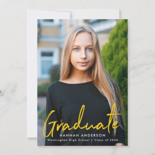 Modern geel penseelscript foto Afstuderen Aankondiging (Voorkant)