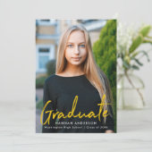 Modern geel penseelscript foto Afstuderen Aankondiging (Staand voorkant)