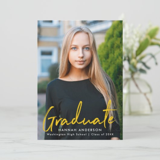 Modern geel penseelscript foto Afstuderen Aankondiging (Staand voorkant)
