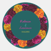 Modern geel roze groen bloemen bruiloft monogram ronde sticker (Voorkant)