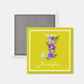 Modern Geel Wit Metallic Bloemen J Monogram Magneet (Voorkant / Achterkant)