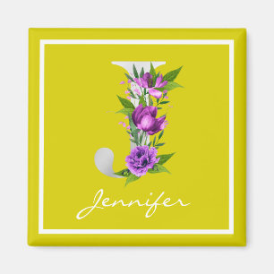 Modern Geel Wit Metallic Bloemen J Monogram Magneet
