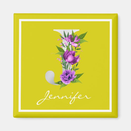 Modern Geel Wit Metallic Bloemen J Monogram Magneet (Voorkant)