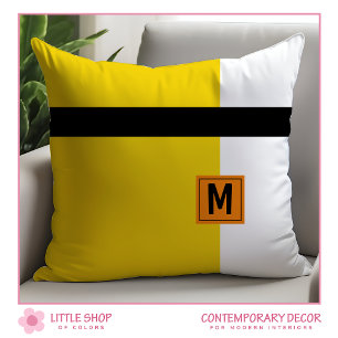 Modern Geel Zwart Kleurblok met Monogram Kussen