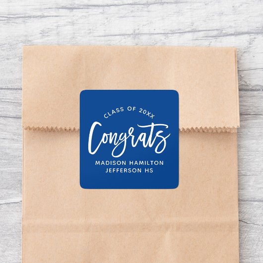 Modern Gefeliciteerd Script Blauw Afstuderen Vierkante Sticker