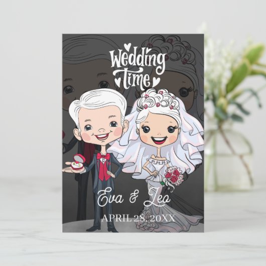 Modern geïllustreerd paar bruiloft uitnodiging (Staand voorkant)