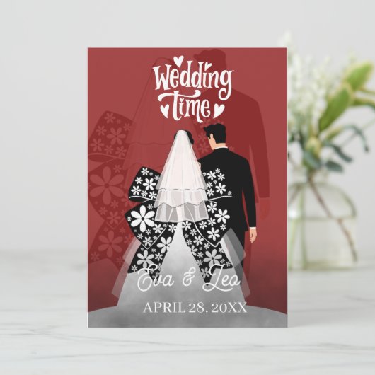 Modern geïllustreerd paar bruiloft uitnodiging (Staand voorkant)