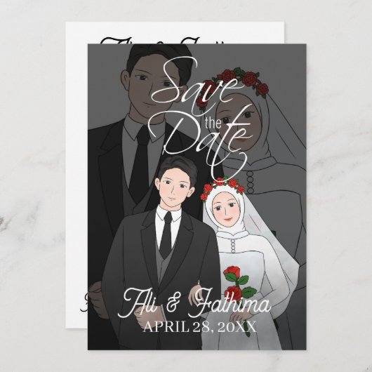 Modern geïllustreerd paar bruiloft uitnodiging (Voorkant / Achterkant)