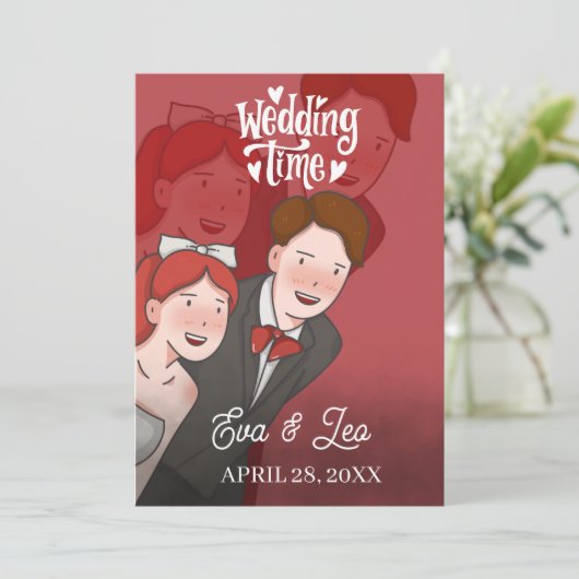 Modern geïllustreerd paar bruiloft uitnodiging (Staand voorkant)