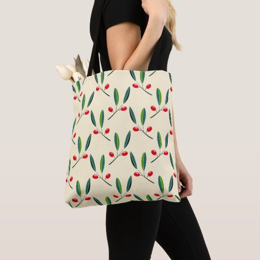 Modern geïllustreerd patroon met rode bessen tote bag (Dichtbij)