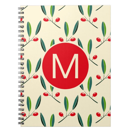Modern geïllustreerd rood bessenpatroon monogram notitieboek (Voorkant)