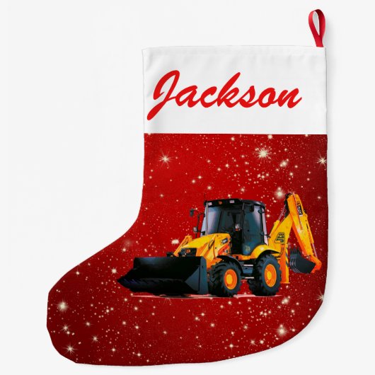 Modern gele Lader Tractor op rood Grote Kerstsok (Achterkant)