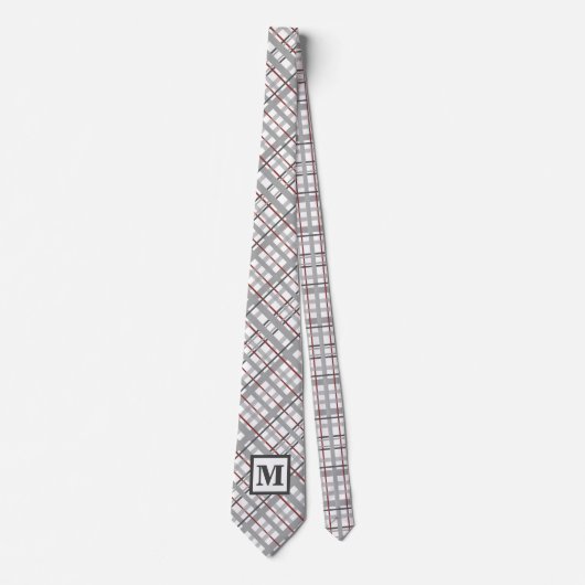 Modern {gelegd Zilver Grijs Rood Monogram Geschenk Stropdas (Voorkant)