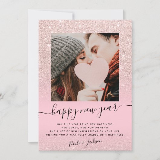 Modern gelukkig Nieuwjaar roos gouden glitter roze Feestdagenkaart (Voorkant)