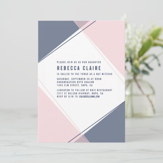 Modern Gem Blush en Navy Bat Mitswa Uitnodiging (Staand voorkant)