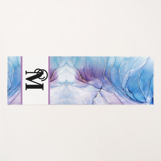Modern gemarmerd blauw alcohol inkt monogram yogamat (Voorkant (horizontaal))