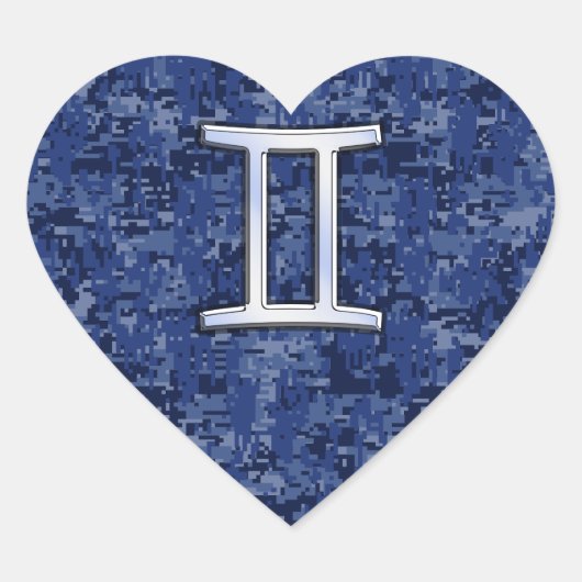 Modern Gemini Zodiac Sign Navy Blue Digital Camo Hart Sticker (Voorkant)