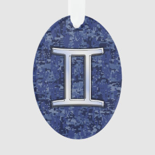 Modern Gemini Zodiac Sign Navy Blue Digital Camo Ornament