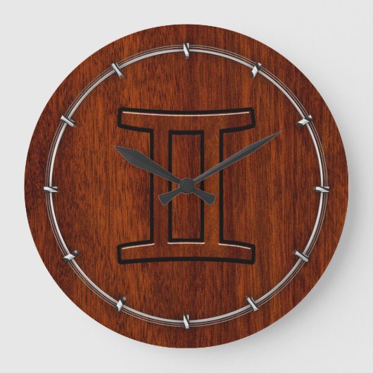 Modern Gemini Zodiac Symbool op Mahogany als gedru Grote Klok (Voorkant)