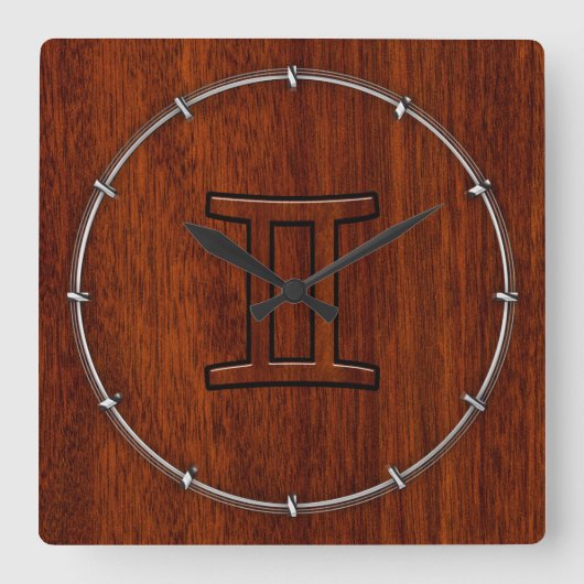 Modern Gemini Zodiac Symbool op Mahogany als gedru Vierkante Klok (Voorkant)