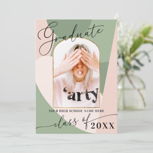 Modern Geo Sage Green Dusty Pink Foto Afstuderen Kaart (Staand voorkant)