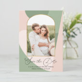 Modern Geo Sage Green Dusty Pink Foto Weddenschap Save The Date (Staand voorkant)