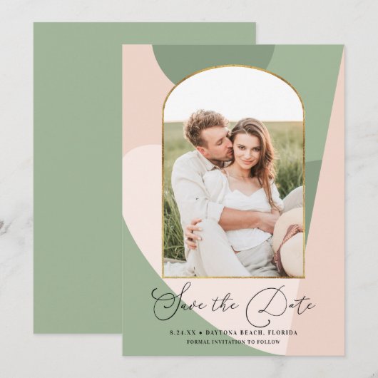 Modern Geo Sage Green Dusty Pink Foto Weddenschap Save The Date (Voorkant / Achterkant)