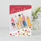 Modern Geo Triangles Pattern Cheers Script Foto Feestdagenkaart (Staand voorkant)
