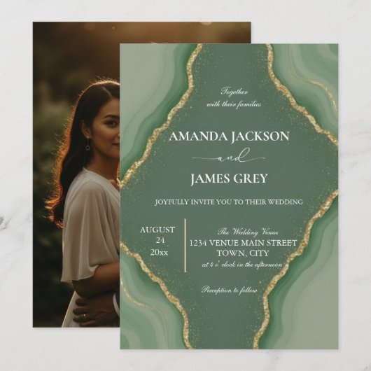 Modern Geode Photo Back Sage Green Wedding  Kaart (Voorkant / Achterkant)