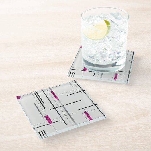 Modern Geometric / Abstract black, silver, Fuschia Glazen Onderzetter (Schuin)