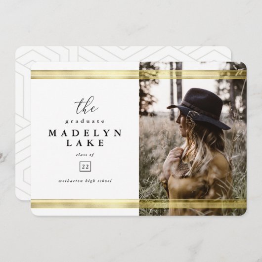Modern Geometric and Gold Stripe Photo Afstuderen Aankondiging (Voorkant / Achterkant)