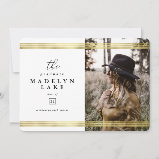 Modern Geometric and Gold Stripe Photo Afstuderen Aankondiging (Voorkant)