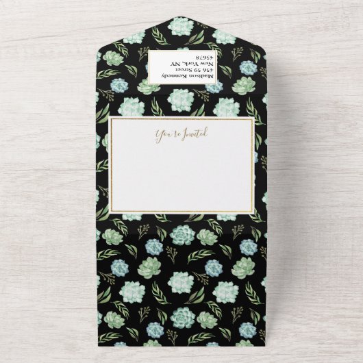 Modern Geometric Black Floral Wedding All In One Uitnodiging (Buitenkant)