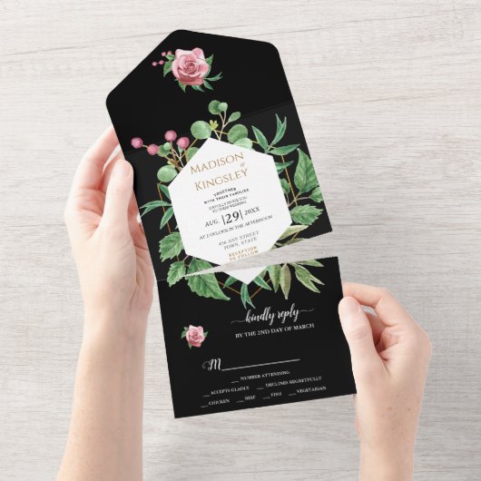 Modern Geometric Black Floral Wedding All In One Uitnodiging (Afscheurbaar)