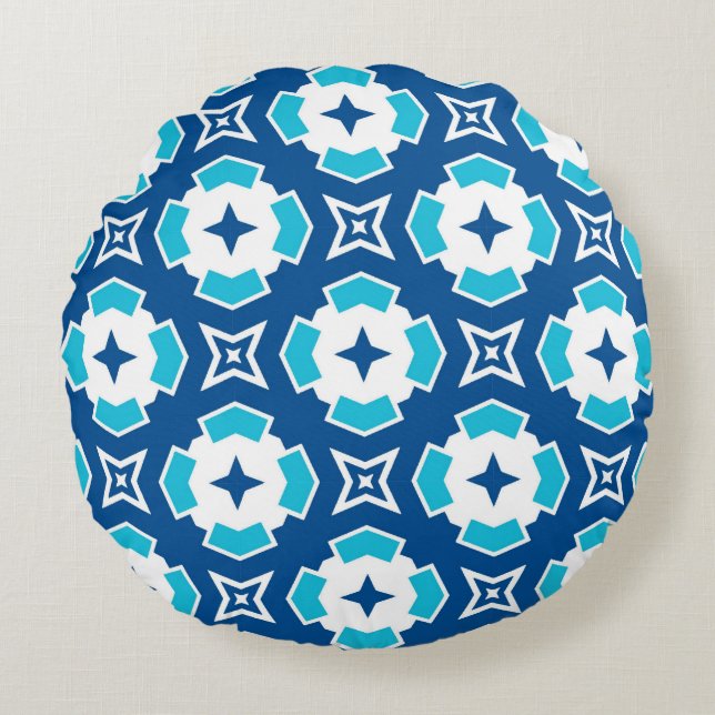 Modern Geometric Blue en White Quatrefoil Pattern Rond Kussen (Voorkant)