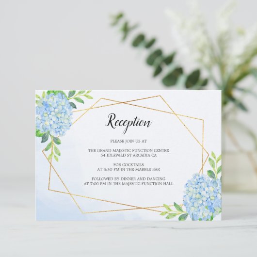 Modern Geometric Blue Hydrangea Wedding Reception Informatiekaartje (Staand voorkant)