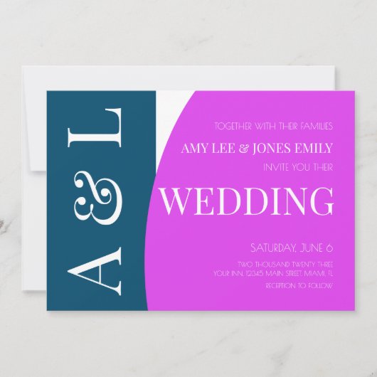 Modern Geometric Blue Magenta Bright Wedding Kaart (Voorkant)