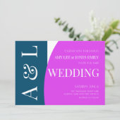 Modern Geometric Blue Magenta Bright Wedding Kaart (Staand voorkant)