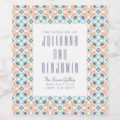 Modern Geometric Blue Oranje Custom Wedding Wijn Etiket (Enkel label)