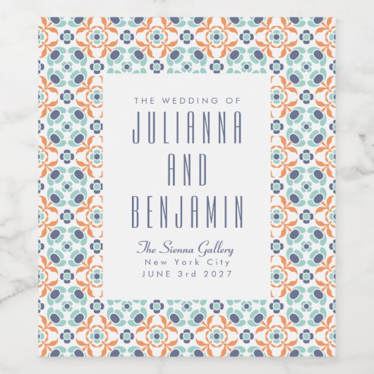 Modern Geometric Blue Oranje Custom Wedding Wijn Etiket (Enkel label)
