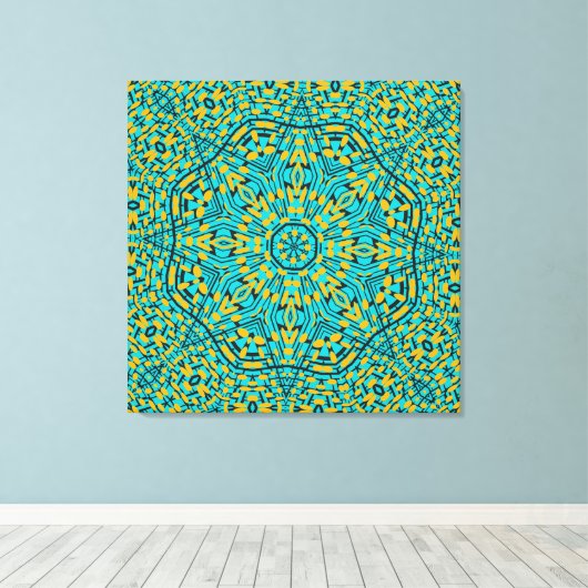 Modern Geometric Blue Oranje Kaleidoscope Pattern Canvas Afdruk (Insitu (Houten vloer))