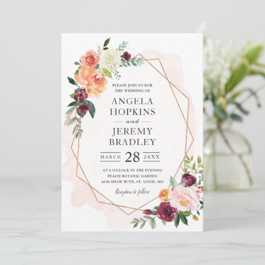 Modern Geometric Blush Bloom Floral Chic Wedding Kaart (Staand voorkant)